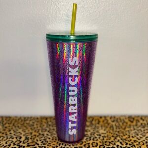 Starbucks Iridescent Purple Tumbler with Green Lid and Yellow Straw